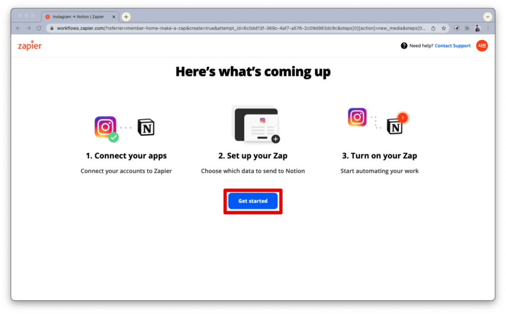 노션 인스타그램 zapier 연결하기 - Get started 버튼 누르기