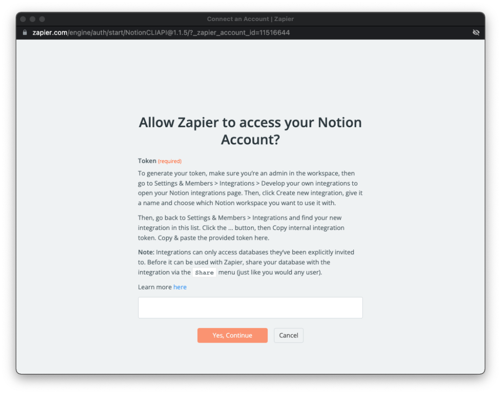 노션 인스타그램 zapier 연결하기 - 노션 계정 토큰 넘버 입력하기