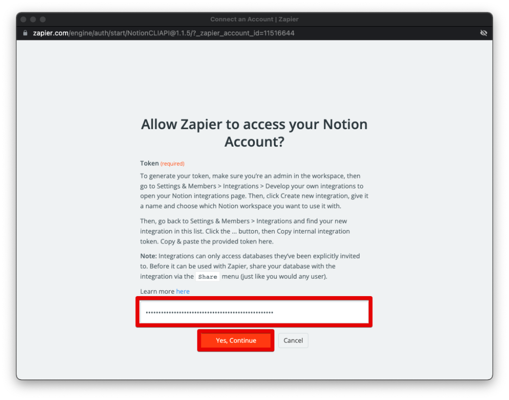 노션 인스타그램 zapier 연결하기 - Zapier 노션 토큰 붙여넣기
