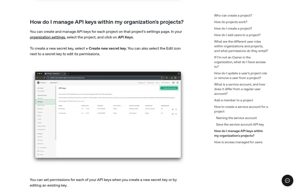 OpenAI 도움말의 프로젝트별 API 키 관리 안내와 API 키 페이지 예시 화면 (2026년 10월 2일 캡처)