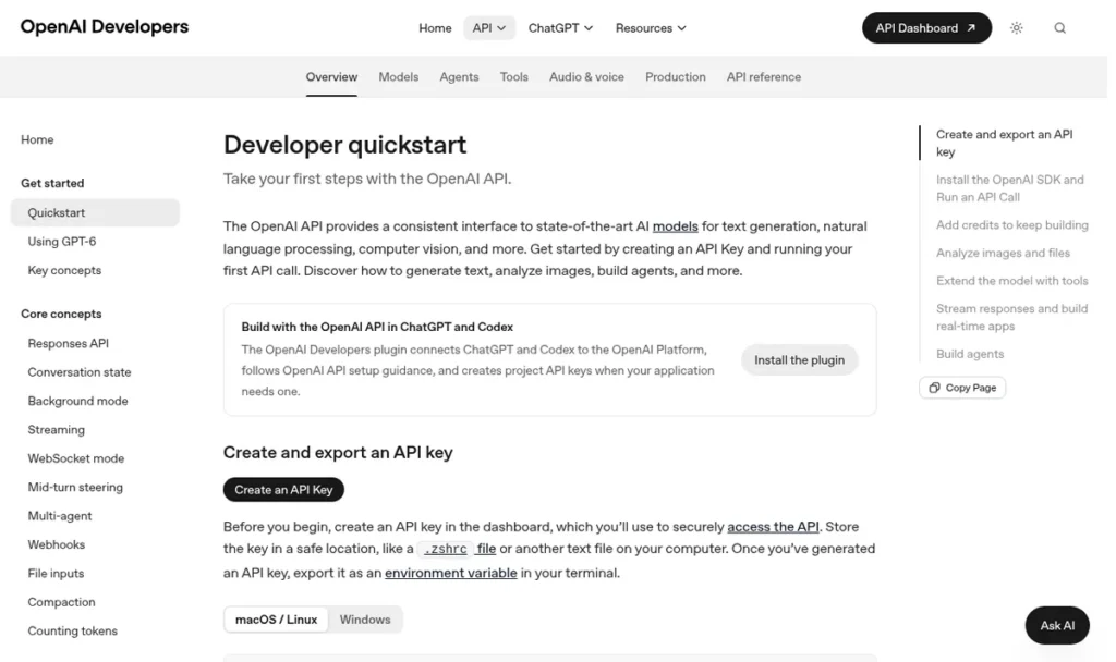 OpenAI 개발자 빠른 시작 문서의 API 키 만들기와 환경 변수 등록 안내 화면 (2026년 10월 2일 캡처)