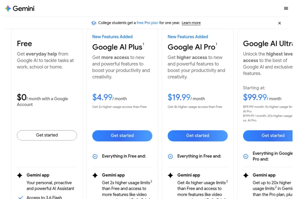Google Gemini 구독 페이지 화면: Free, Google AI Plus, Google AI Pro, Google AI Ultra (미국 기준, 2026년 10월 2일 캡처)